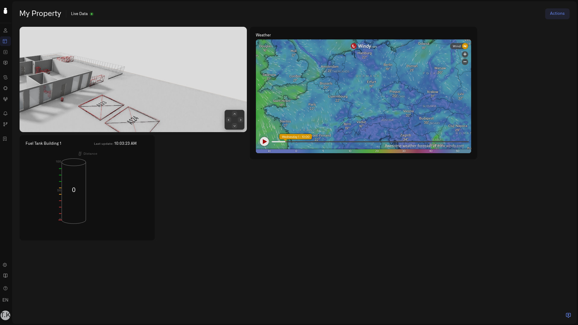 A weather map embedded in an iFrame widget on a home dashboard, next to a 3D home model and a tank-level gauge