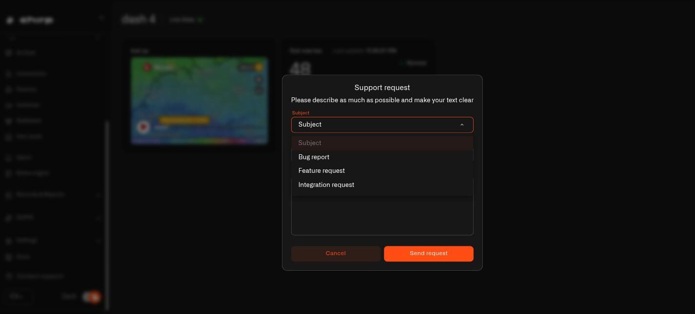 The Support request dialog with the Subject dropdown open, showing Bug report, Feature request and Integration request