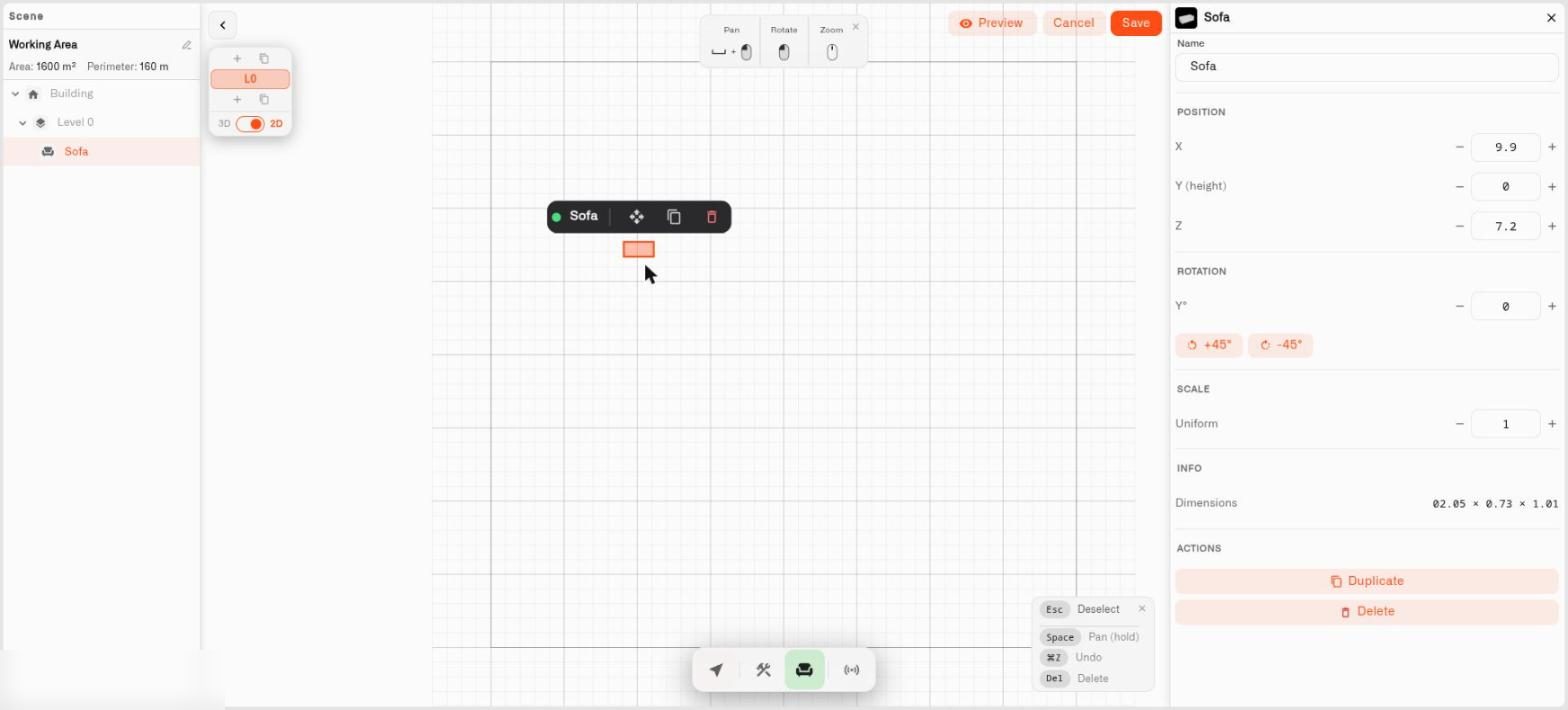 The Digital Building Twin editor in 2D with a selected object and its Move, Duplicate and Delete badge