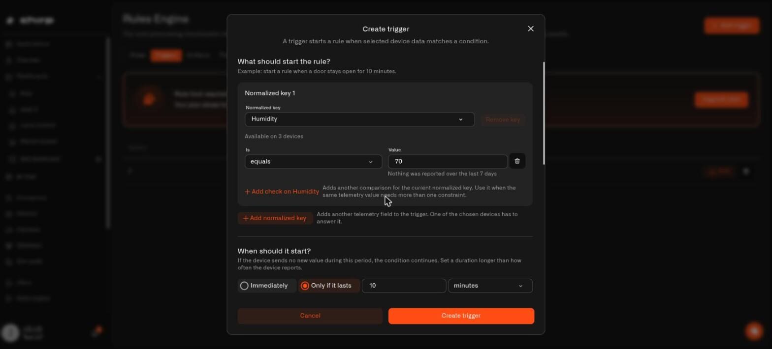 The Create trigger dialog with a humidity condition and Only if it lasts set to 10 minutes