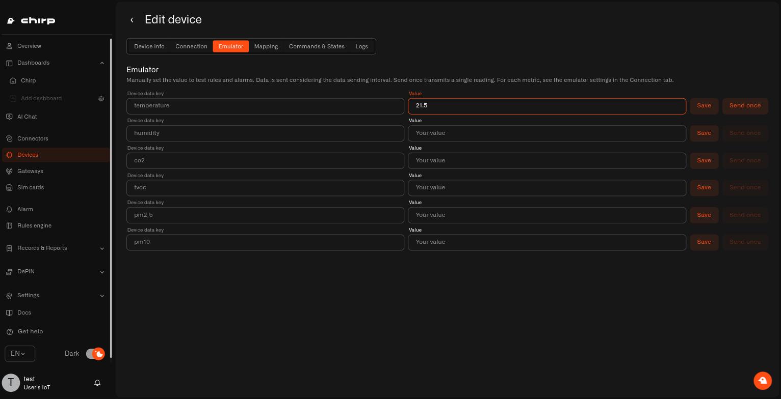 Typing a value on the Emulator tab to test an alert