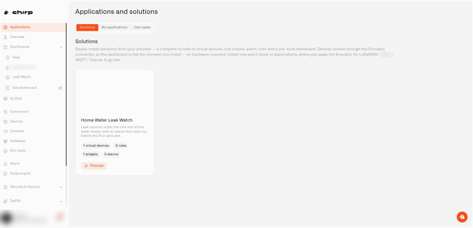 The Solutions tab in Chirp with one ready-made solution card and its Preview button