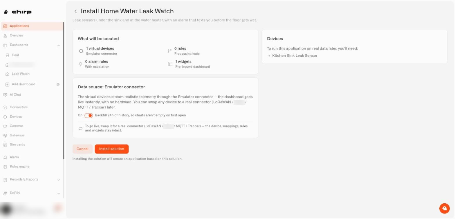 The Install Home Water Leak Watch screen listing what will be created, the Backfill 24h switch, and the real device you need