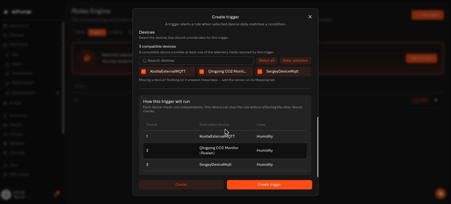 The device picker and the How this trigger will run table, one row per watched device