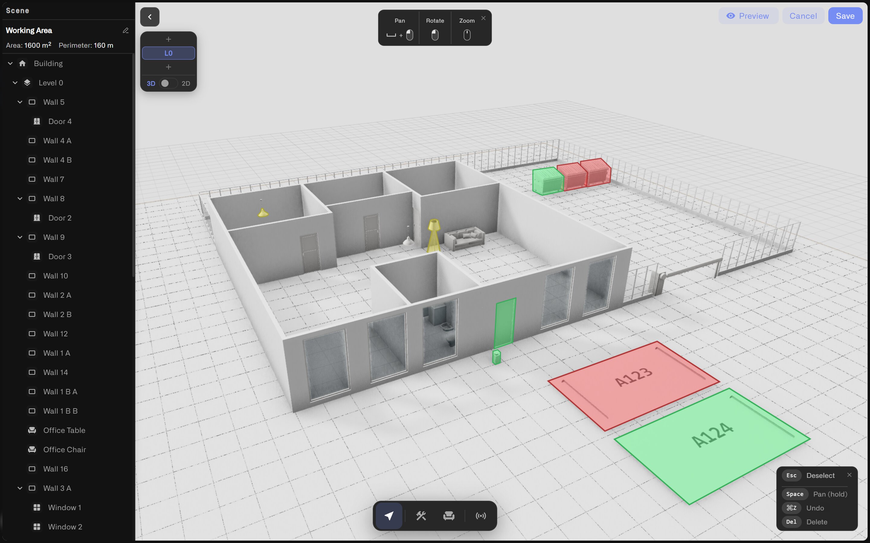 Digital Building Twin showing your home and yard live — parking spots out front colored red and green by occupancy, bins by the fence in color-coded fill states, and sensor markers across the rooms