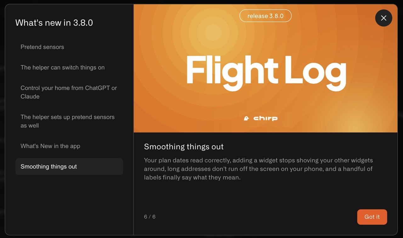The What's New panel in Chirp, listing the 3.8.0 changes with a card open beside them
