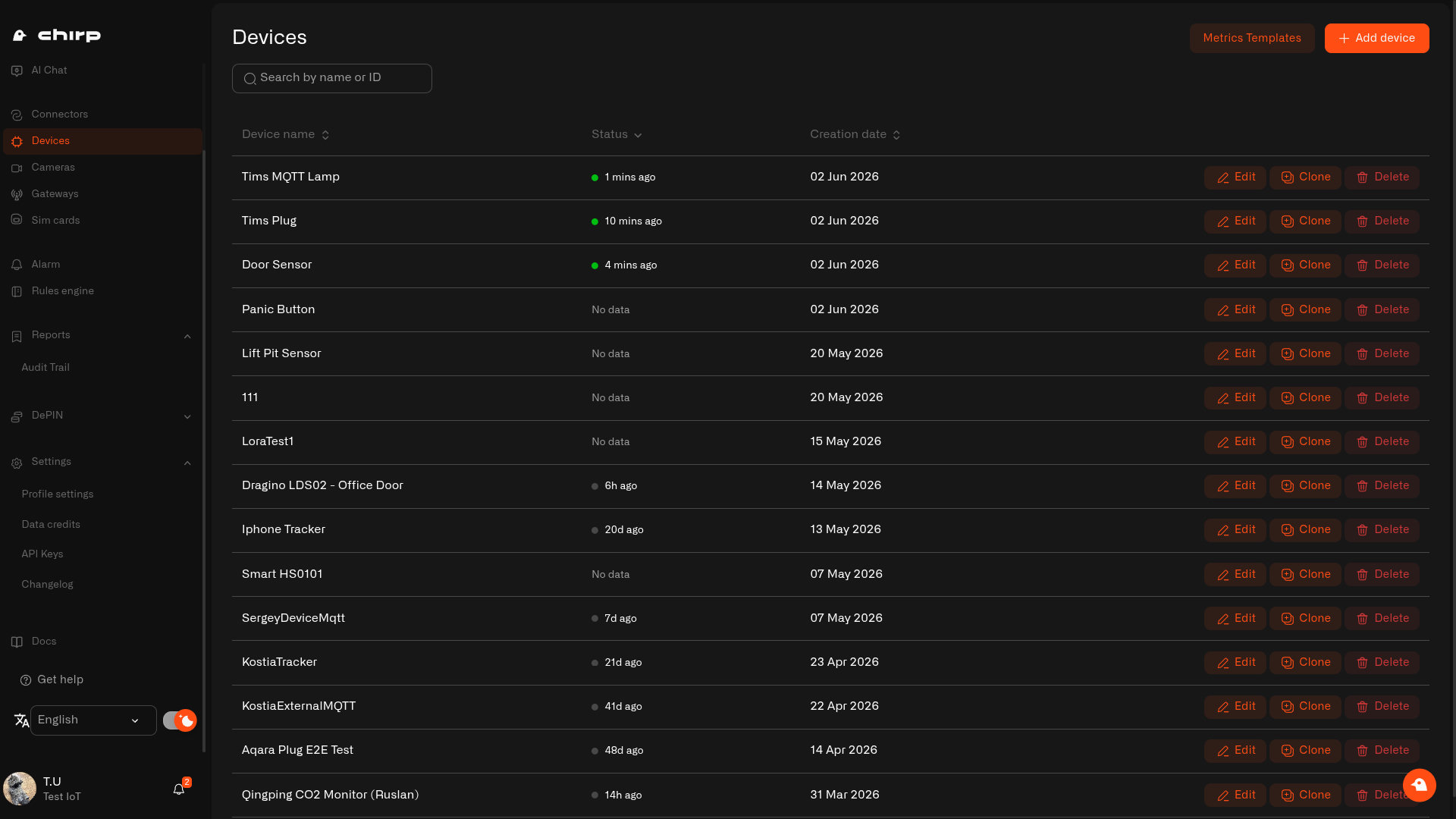 Chirp Sensors page showing the list of connected devices with their status and latest readings